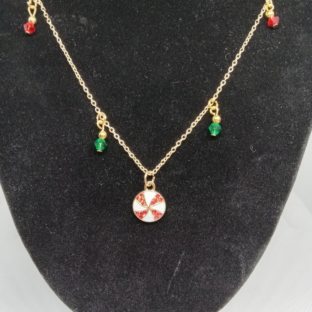 Hand Crafted Gold Necklace with Red and Green Charms - Picture 6 of 7